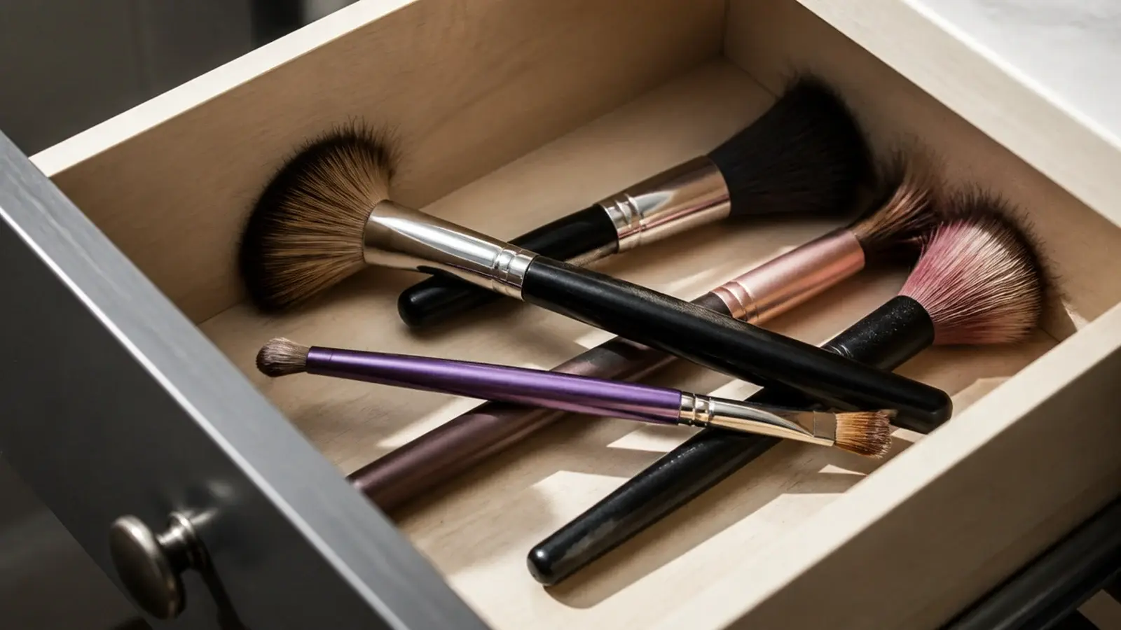 splayed makeup brushes lying flat in a crowded drawer with bent bristles