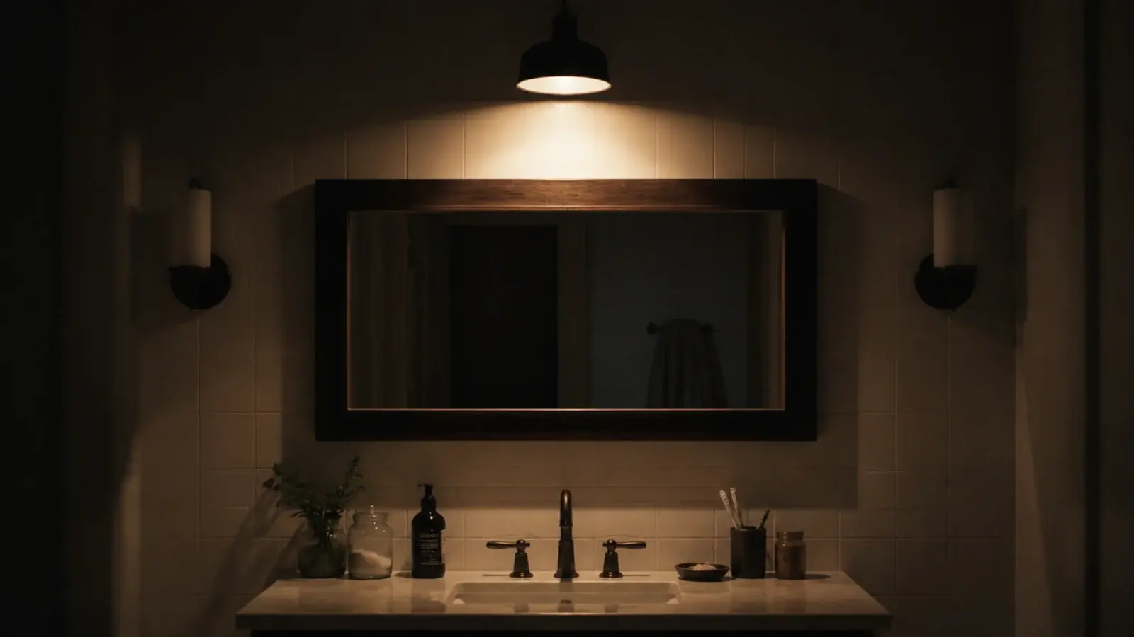 vanity mirror lit from above throwing shadow across a reflected face area