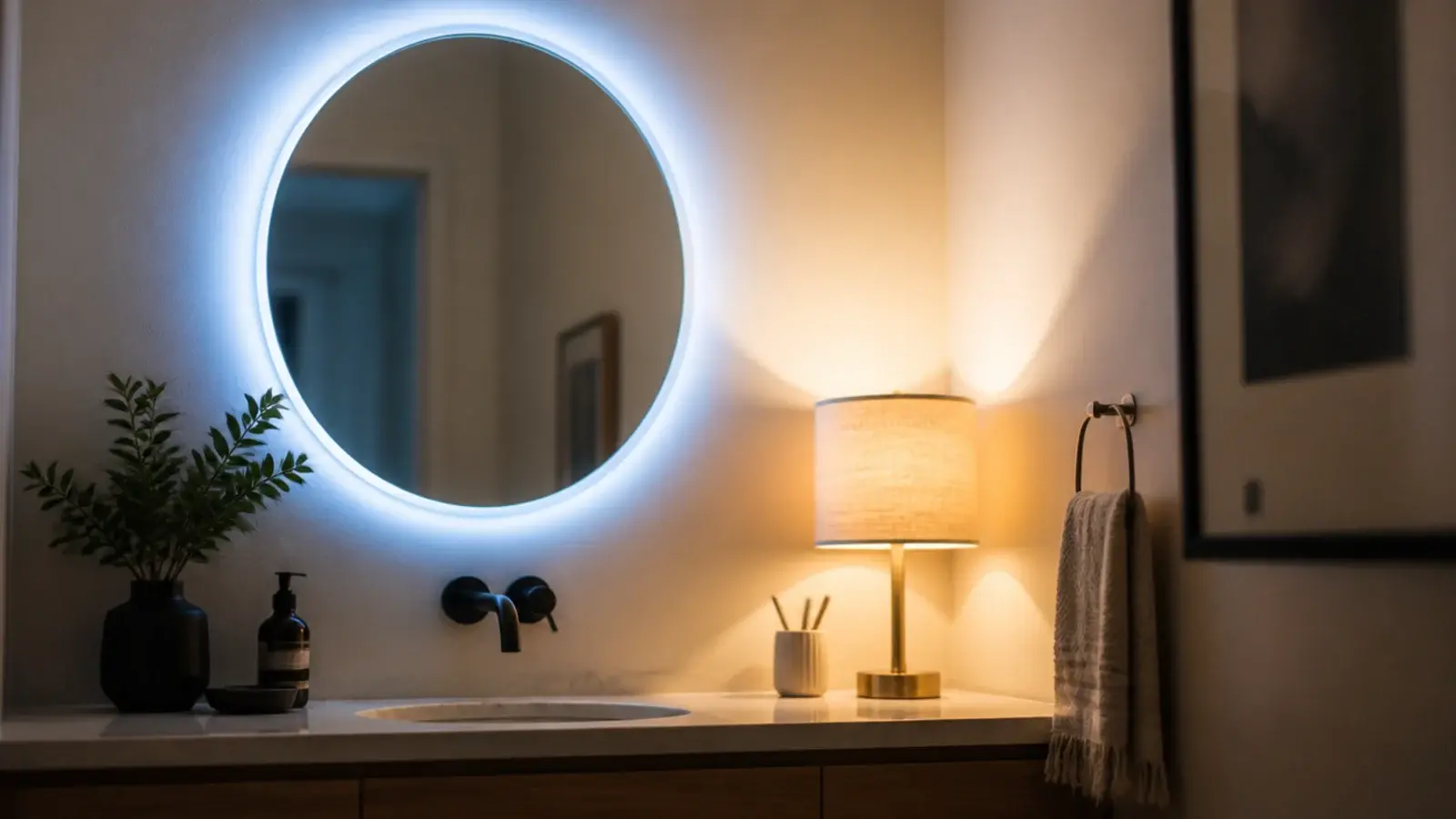 cool blue toned lit mirror beside warmer light showing the colour difference