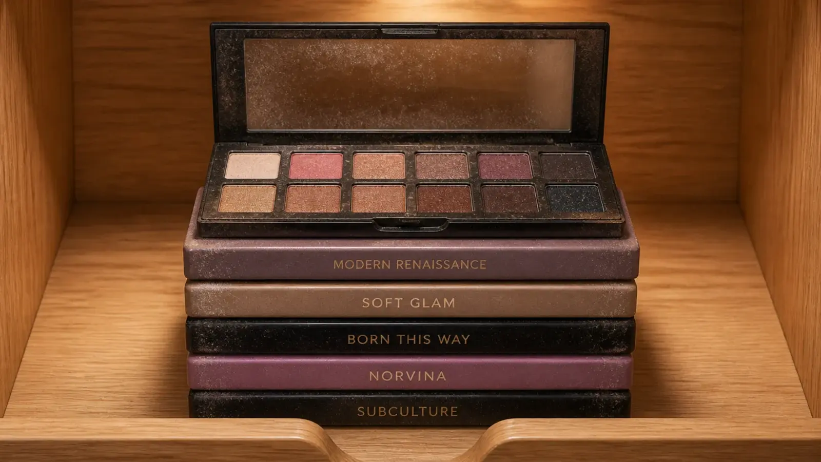 stack of eyeshadow palettes piled flat with only the top one used