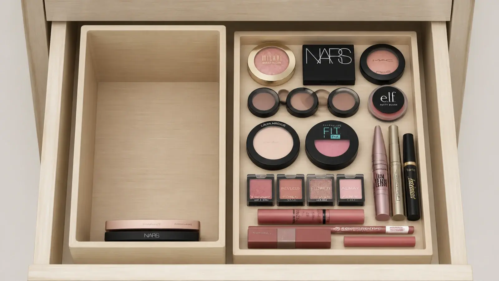 deep drawer bin holding compacts in a small pile at the bottom