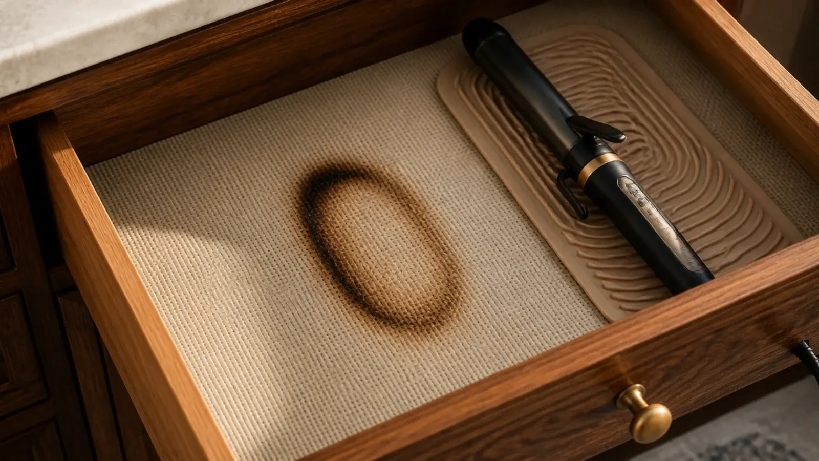 heat mark on a drawer liner beneath a recently used styling tool