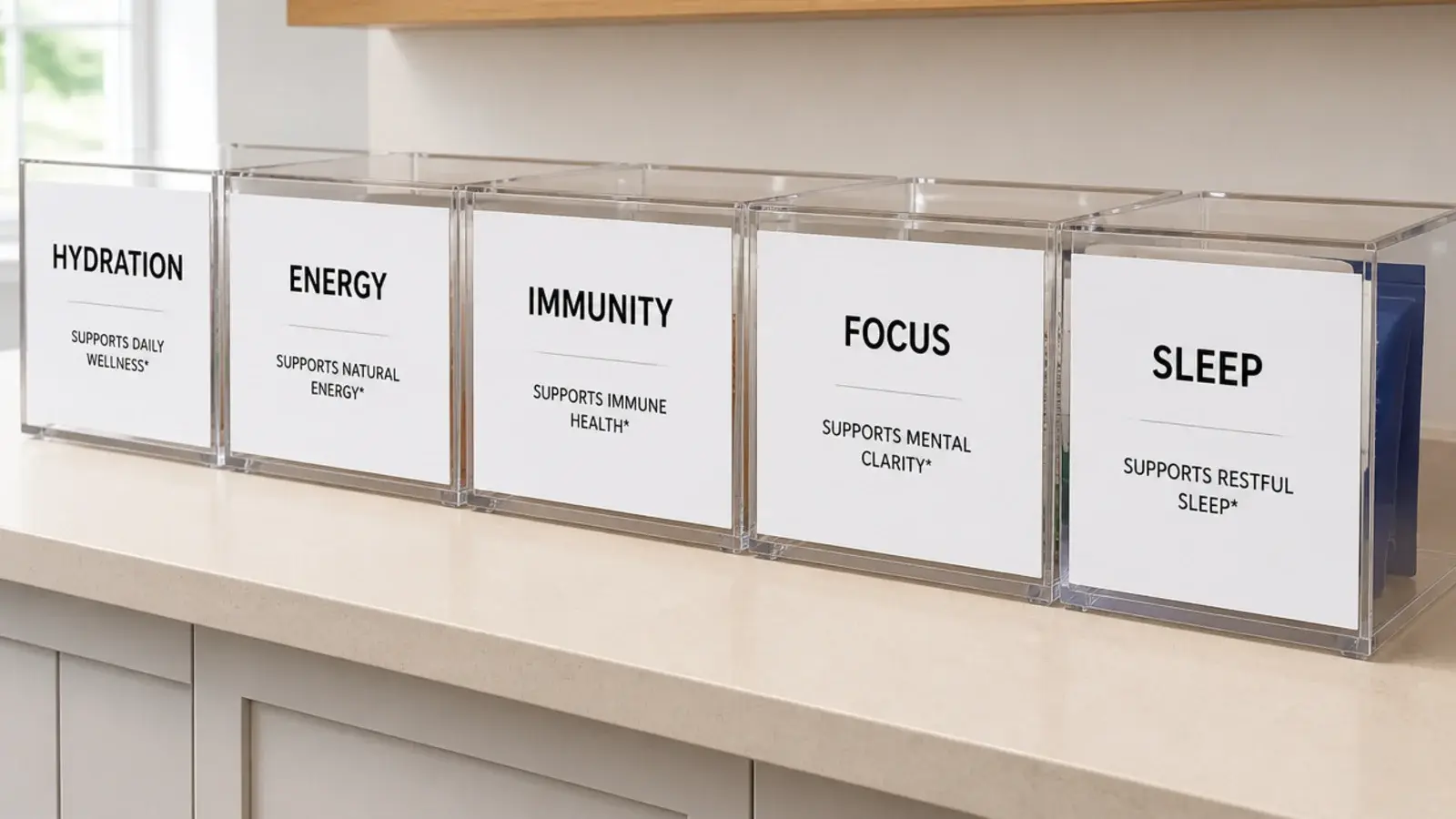 clear bins covered by large front labels hiding the contents behind