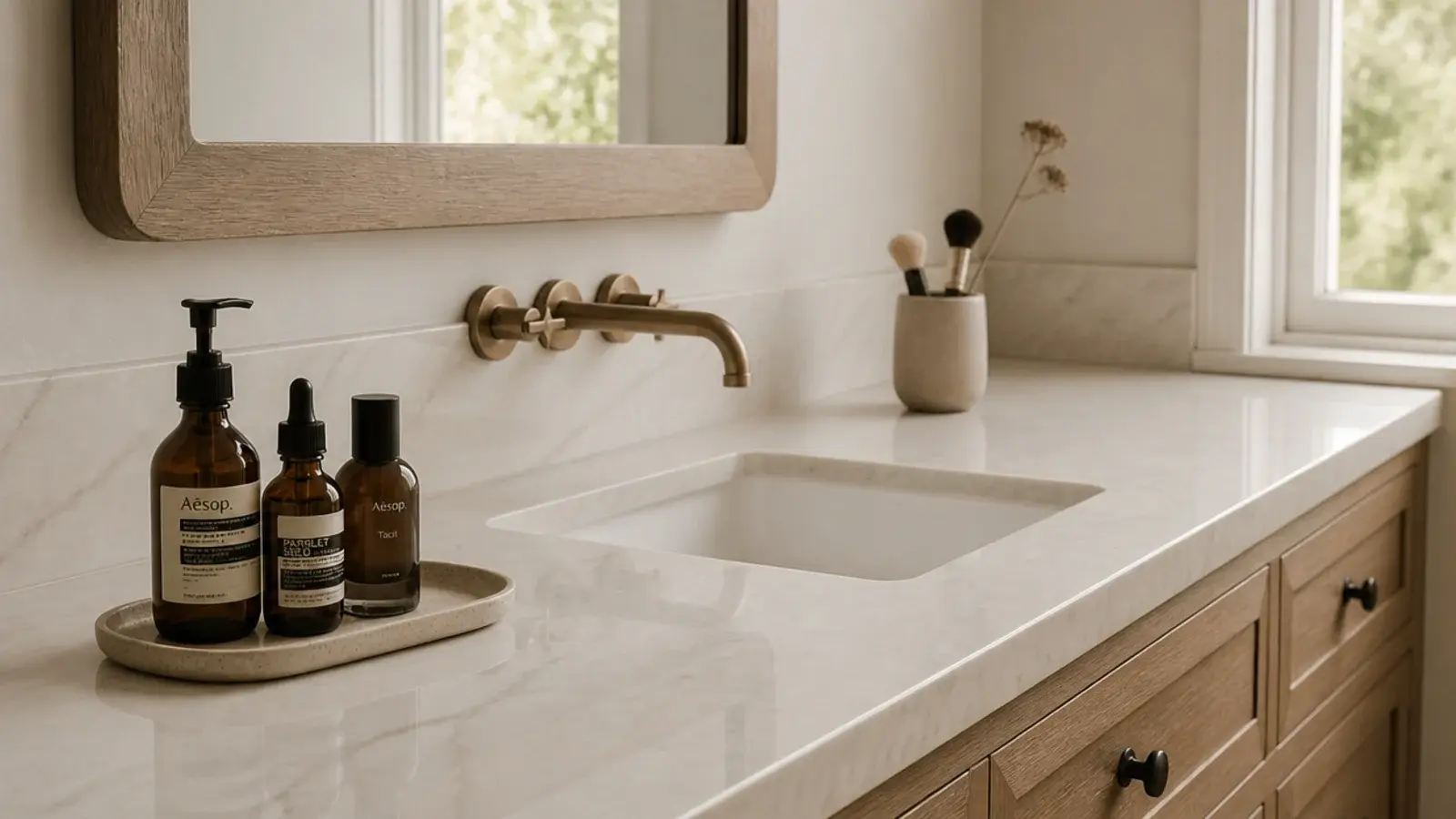 calm corrected vanity with a tray weighted brush cup and clear counter