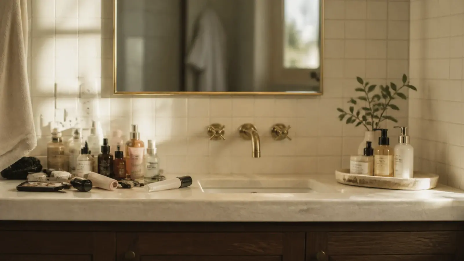 vanity organization mistakes being corrected on a cluttered bathroom counter