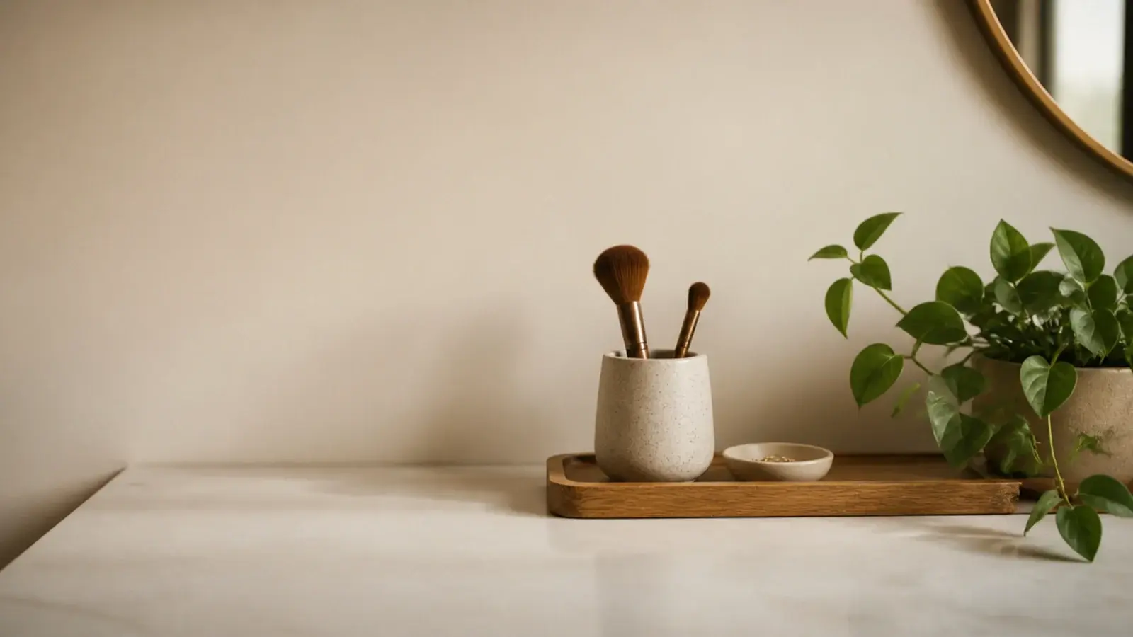 vertical image of vanity organization mistakes corrected on a calm counter