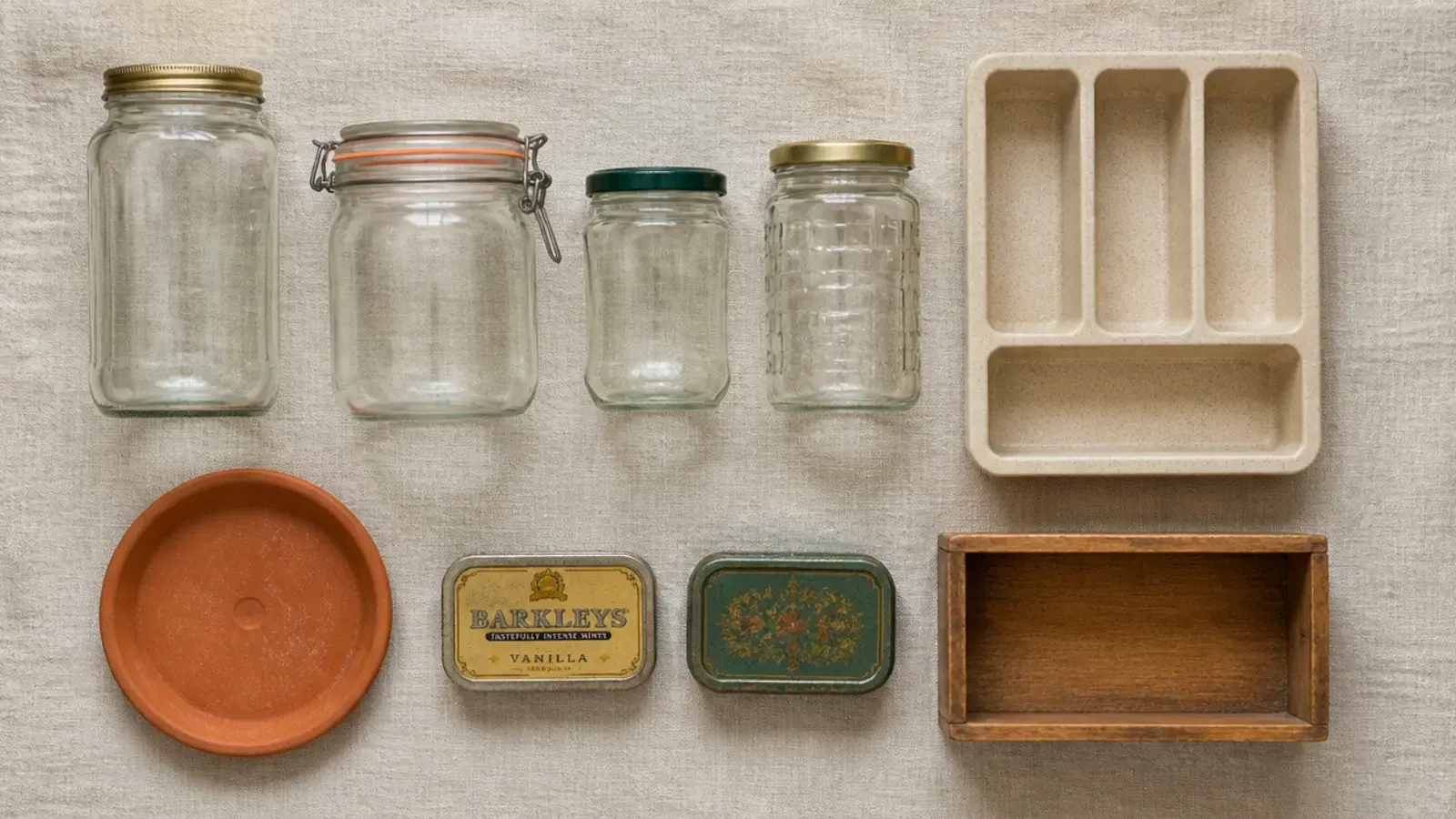 containers gathered from around the house before organizing a vanity