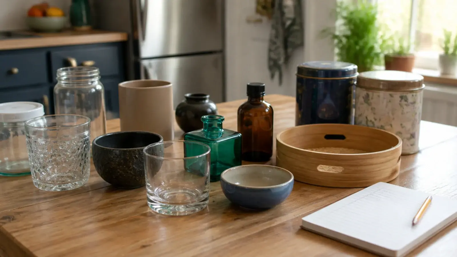 household jars and dishes collected in one pile for vanity storage
