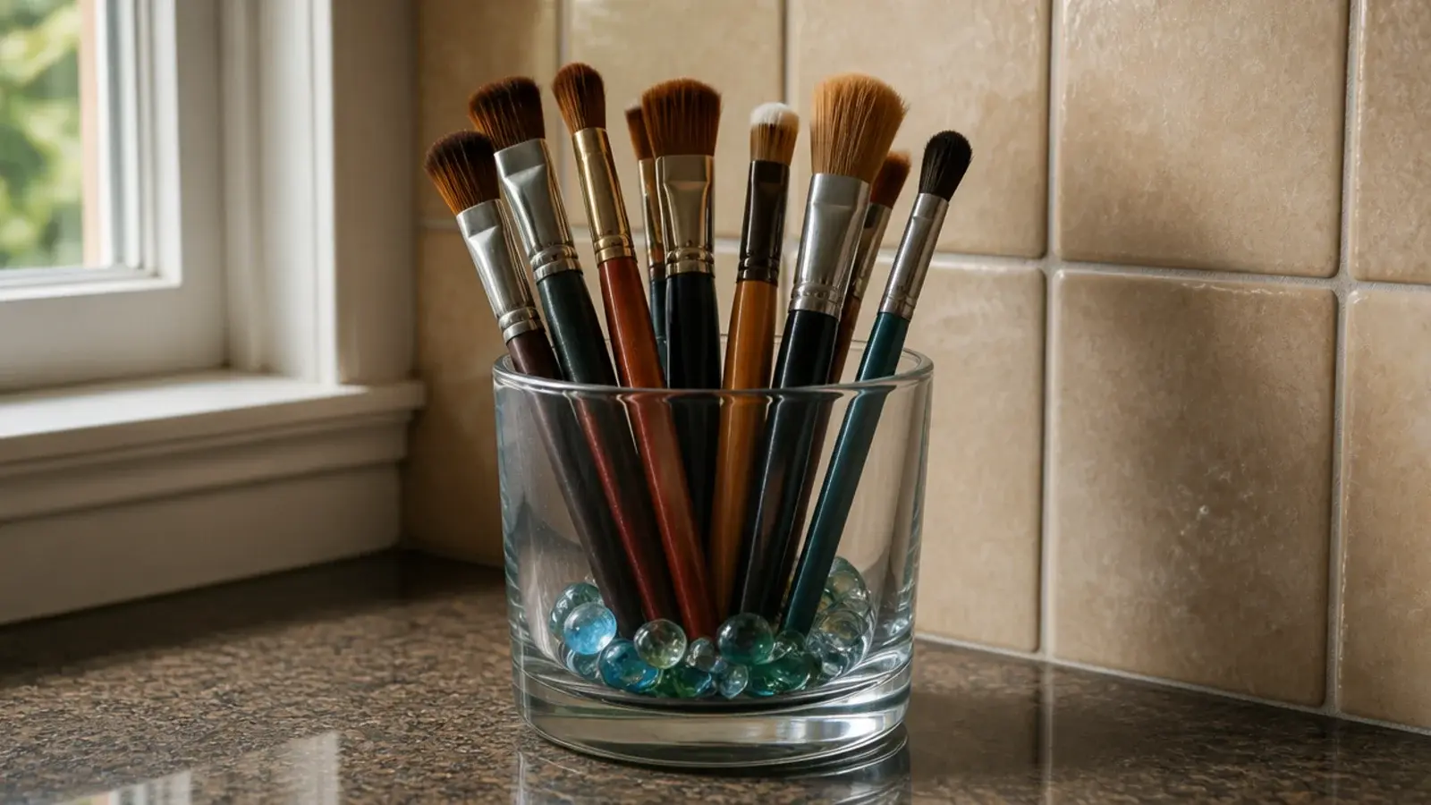 heavy glass tumbler holding makeup brushes bristles up on a vanity