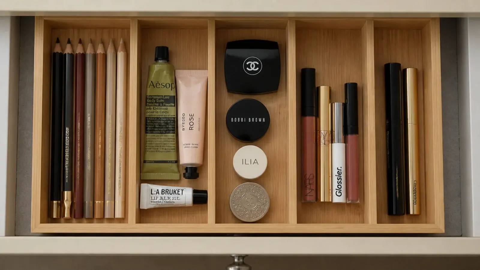 bamboo cutlery tray reused to divide a vanity drawer