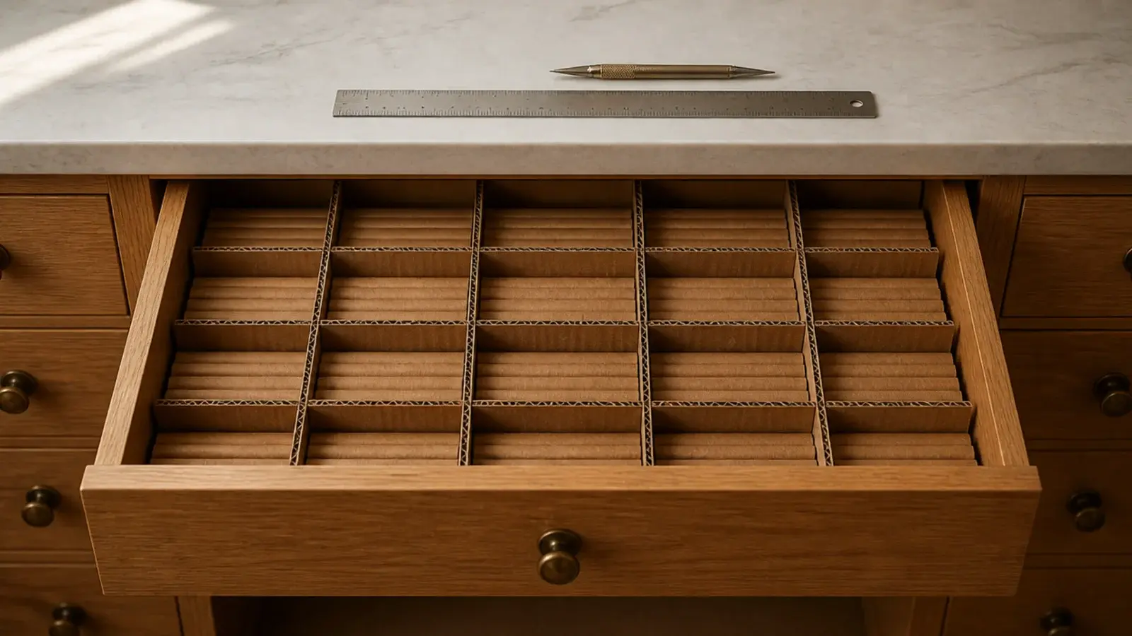 cardboard dividers wrapped in kraft paper inside a vanity drawer