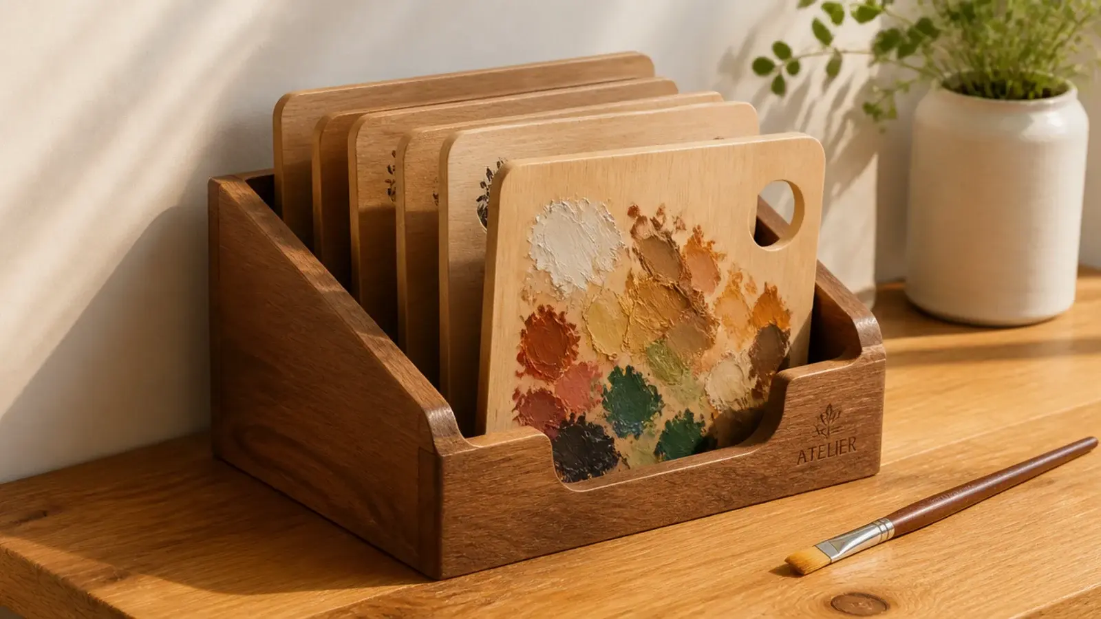 palettes standing on edge in a wooden napkin holder on a vanity