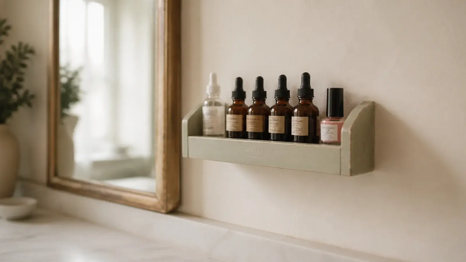 wall mounted spice rack holding small skincare bottles by a mirror