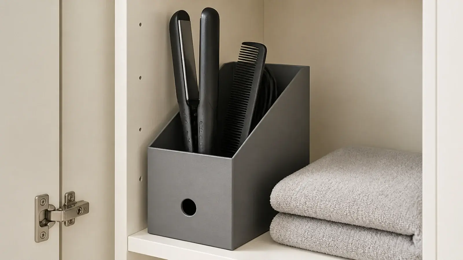 magazine file holding a hair straightener inside a vanity cabinet