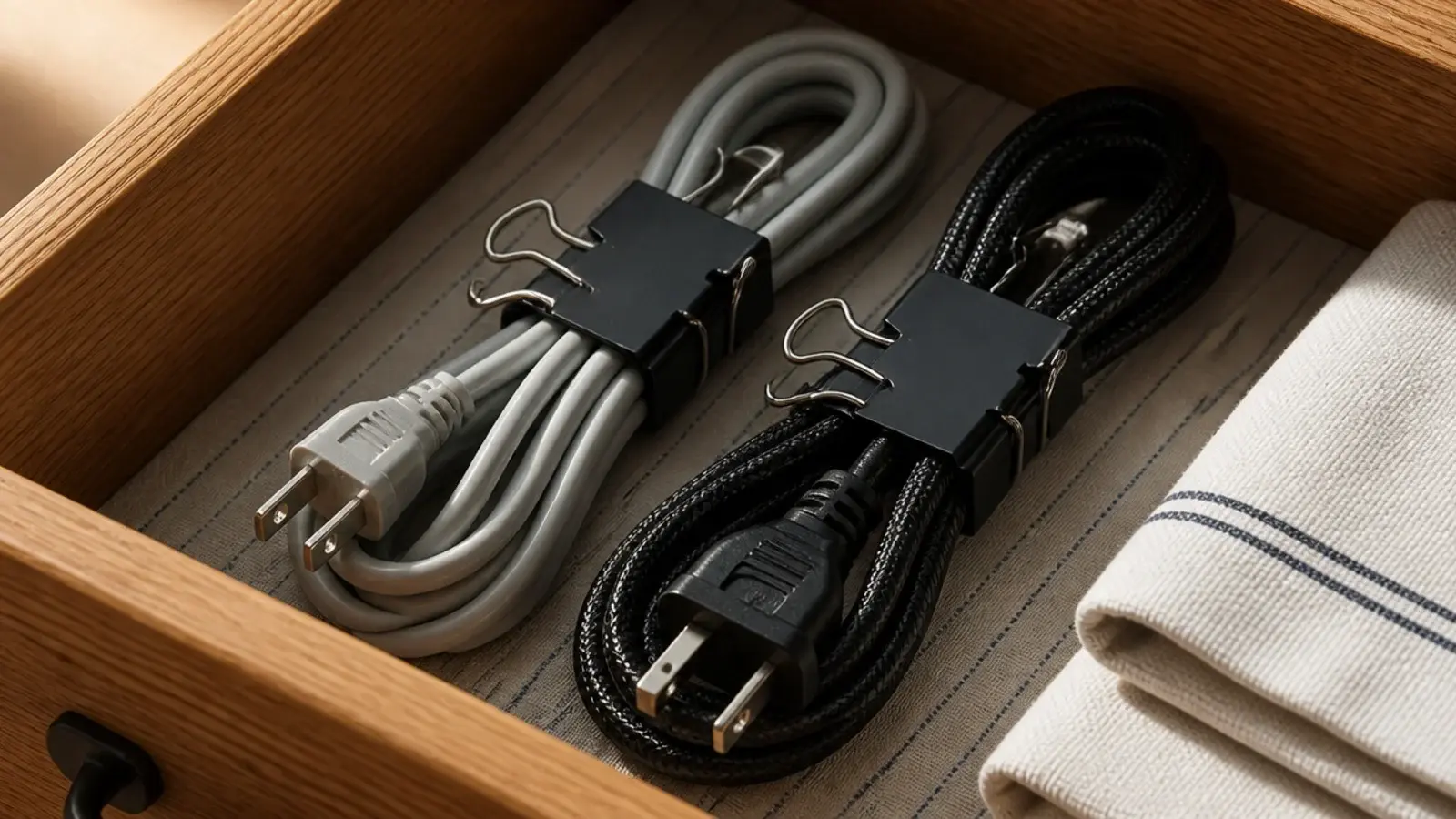 binder clips holding coiled hair tool cords tidy in a drawer