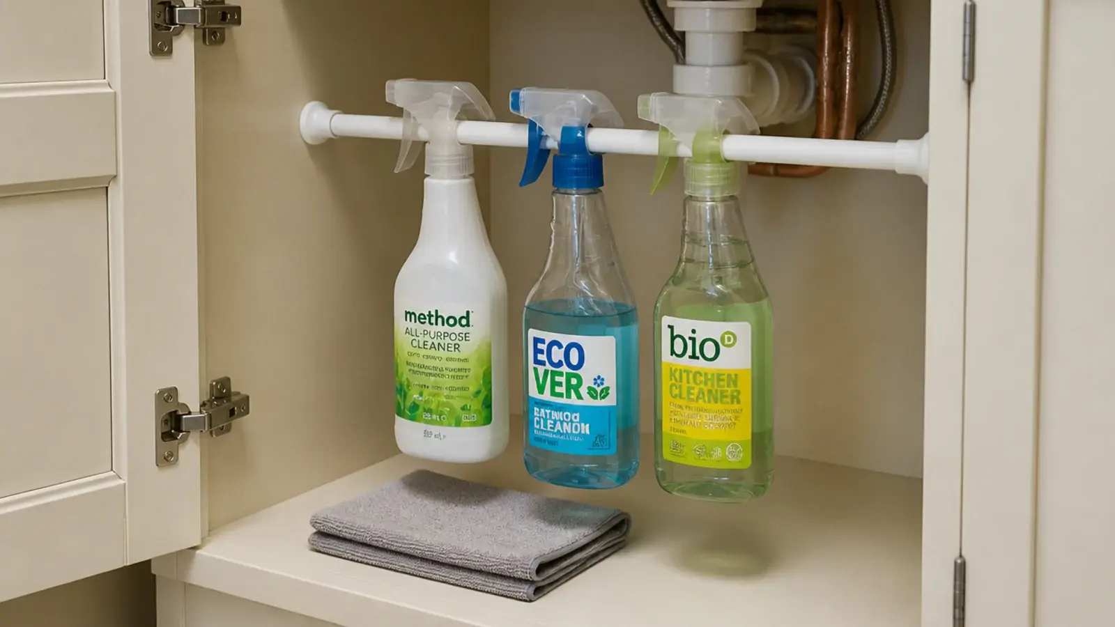 spray bottles hanging on a tension rod under a vanity sink