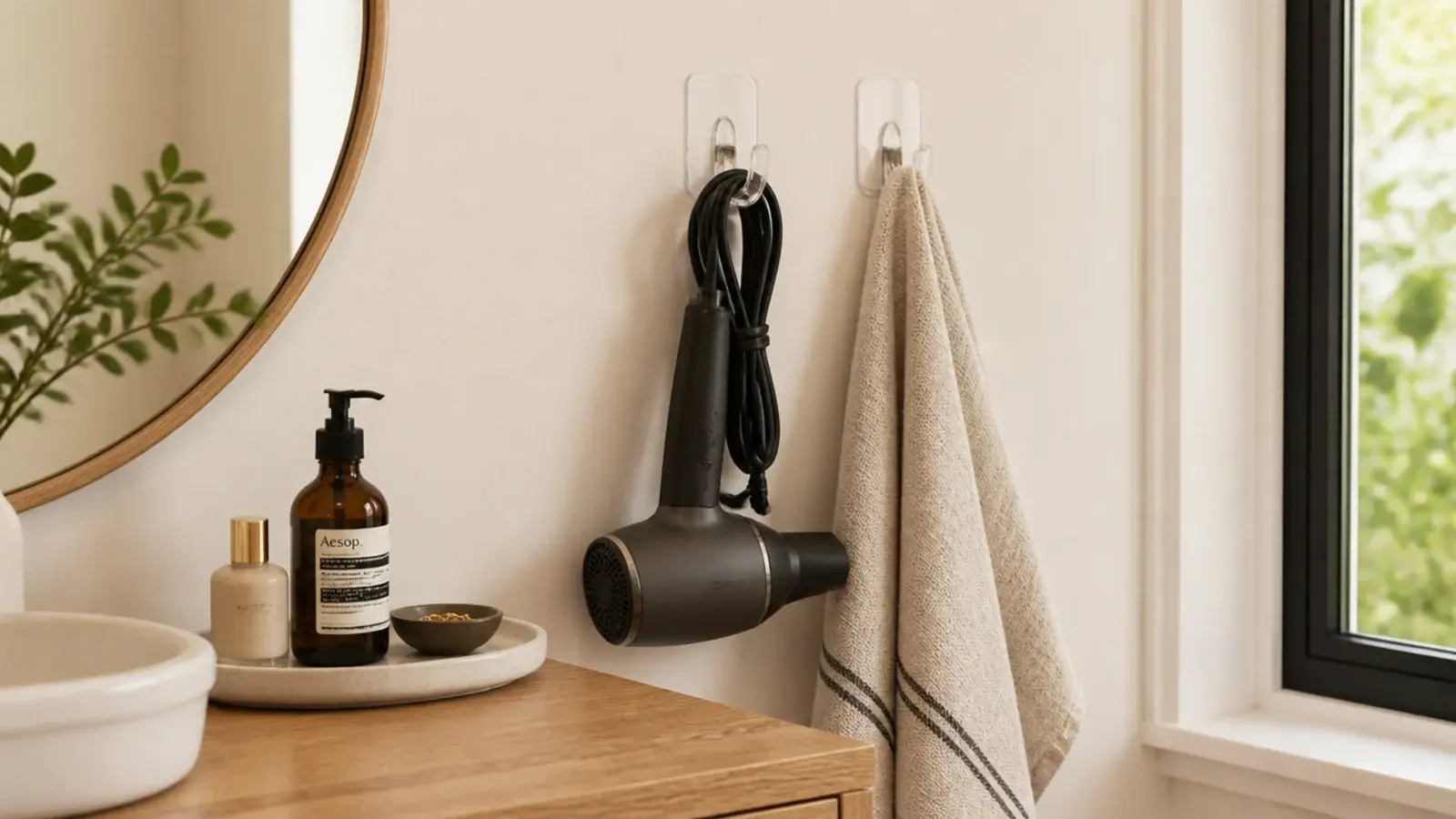 adhesive hooks holding a hair dryer beside a rented vanity