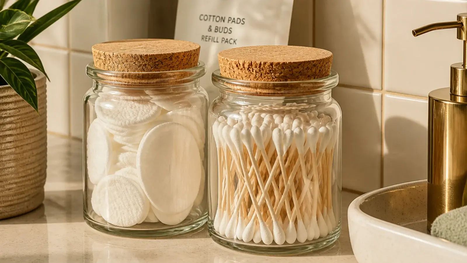 cotton pads and buds decanted into two thrifted glass jars