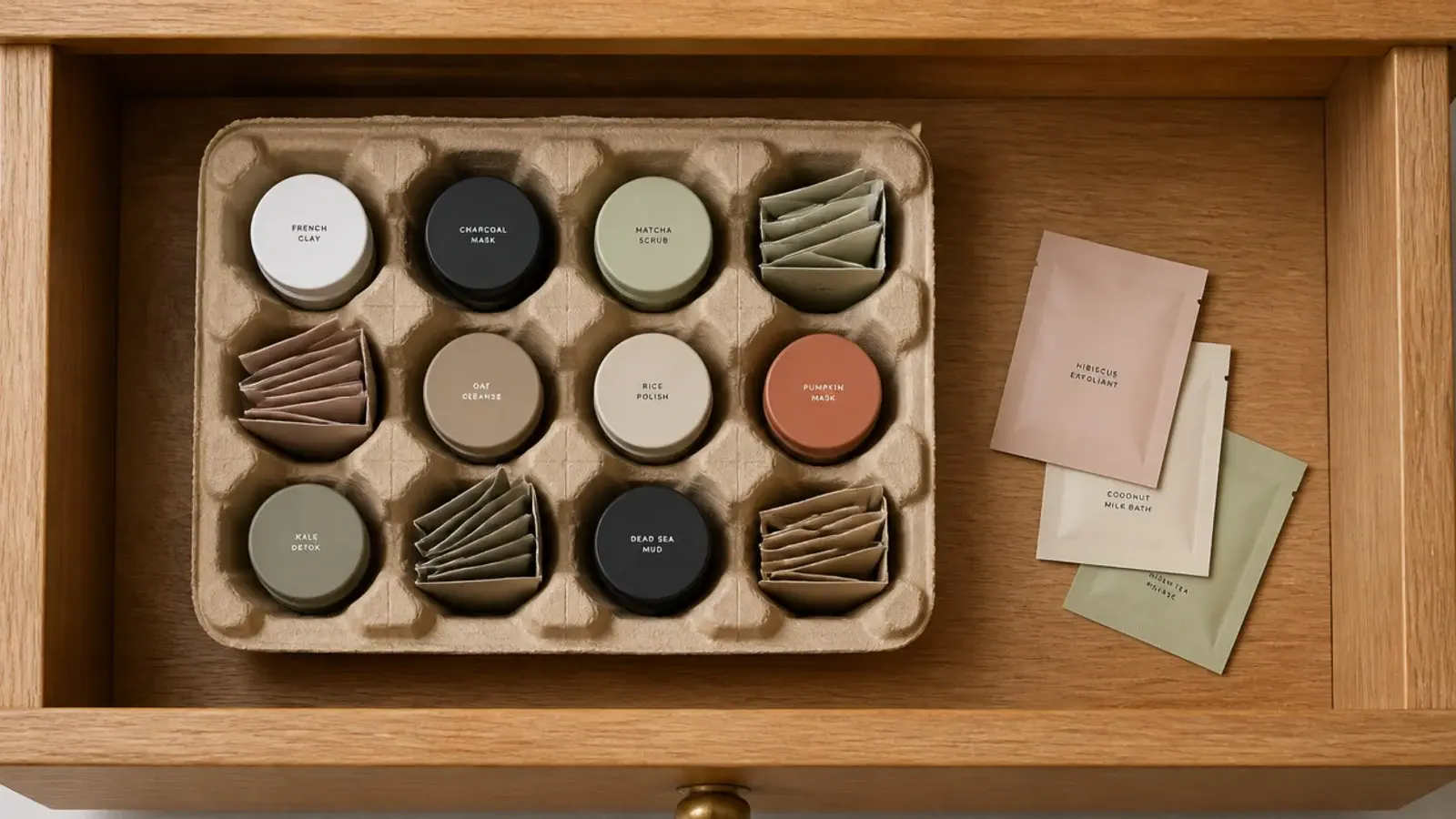 sample pots and sachets sorted into an egg carton in a drawer