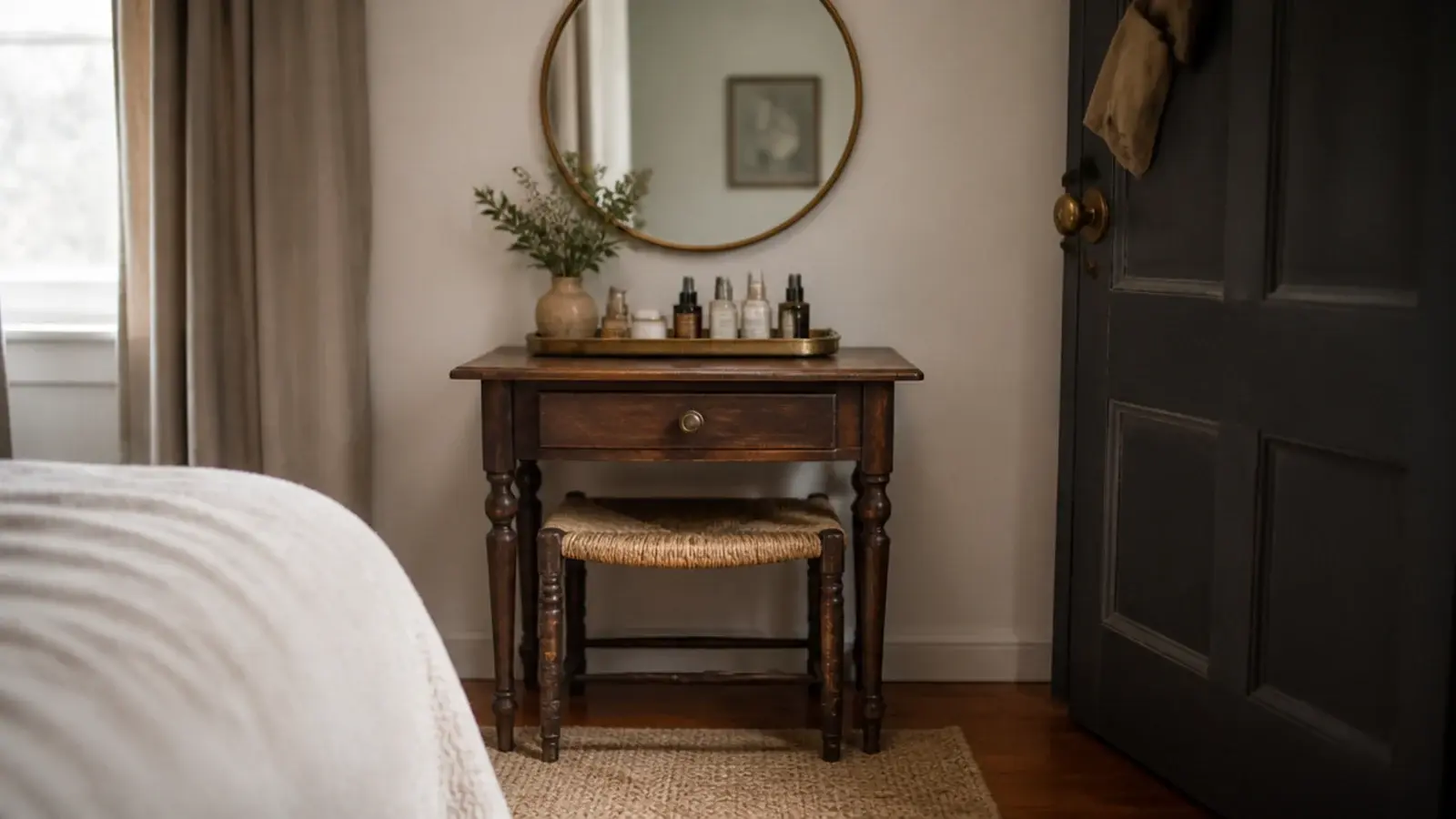 thrifted side table set up as a compact bedroom vanity
