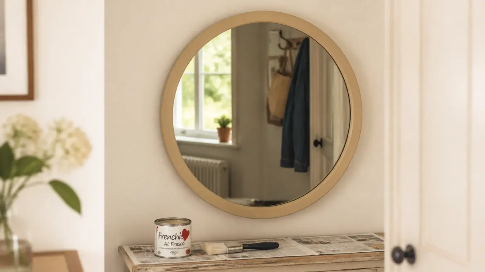 secondhand mirror with a freshly painted frame above a vanity