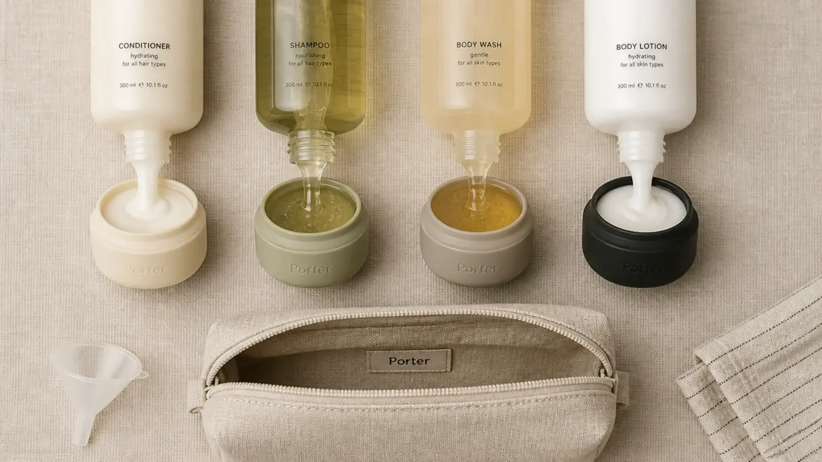 travel sized pots filled from full size bottles beside a vanity