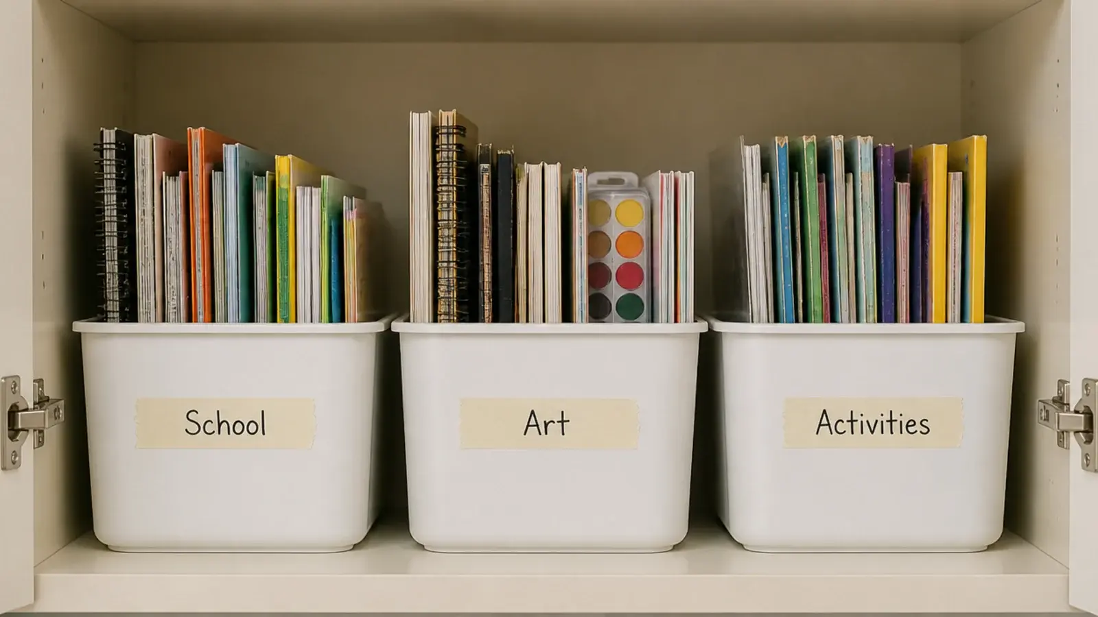 masking tape labels marking bins inside a budget vanity cabinet