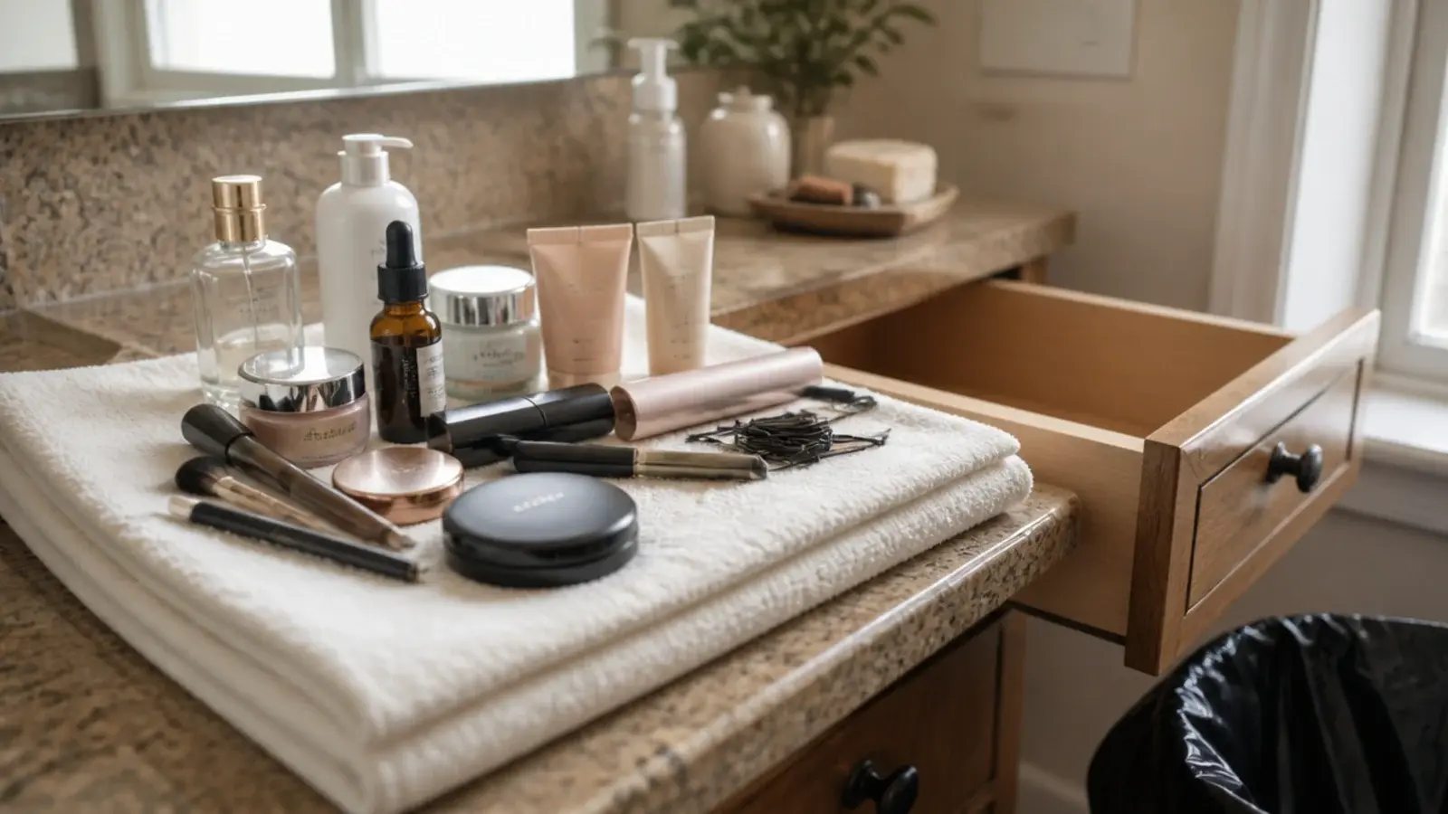 vanity contents emptied onto a towel during a twice yearly cull
