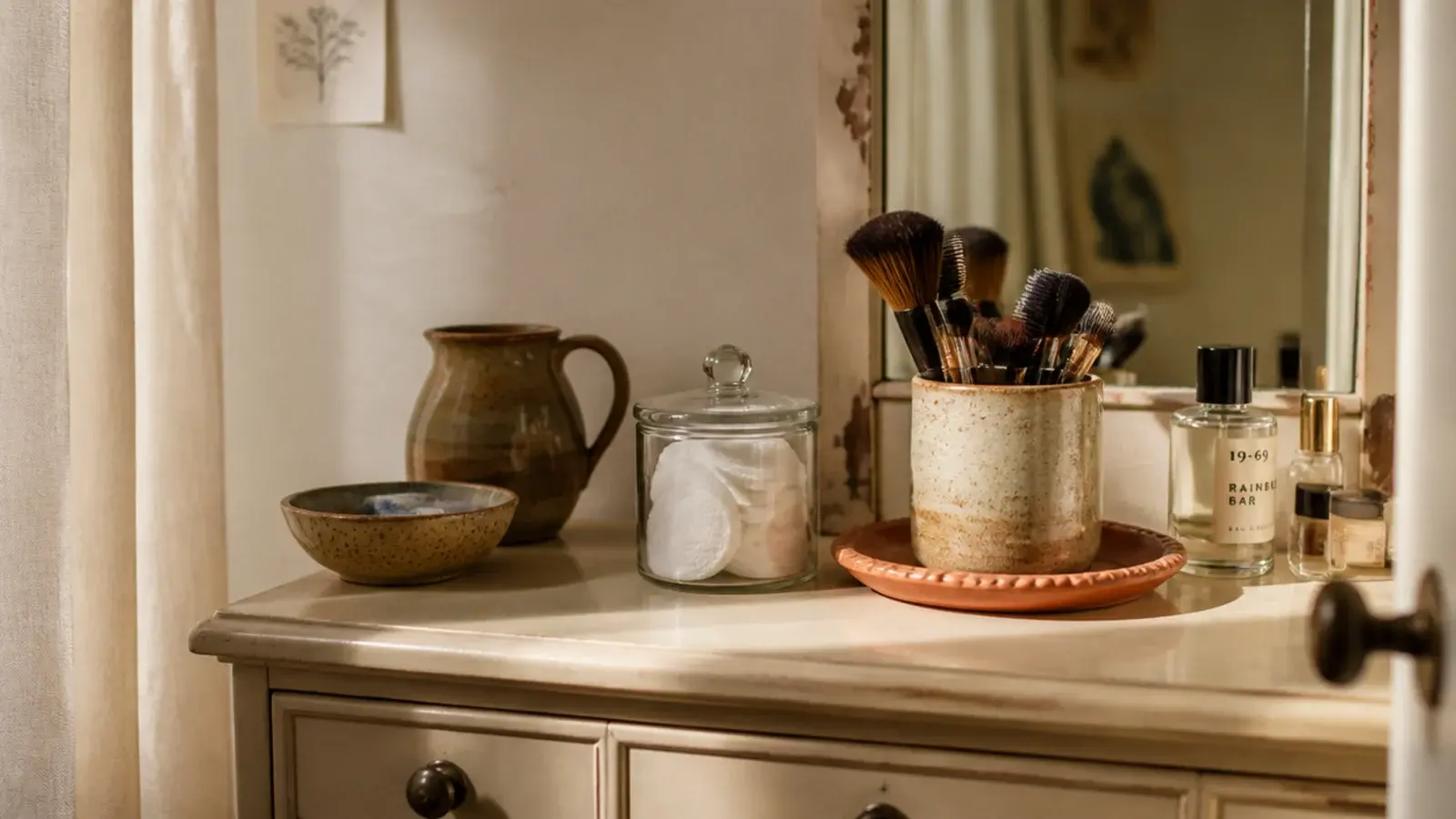budget vanity organization with thrifted dishes, jars and a clay tray