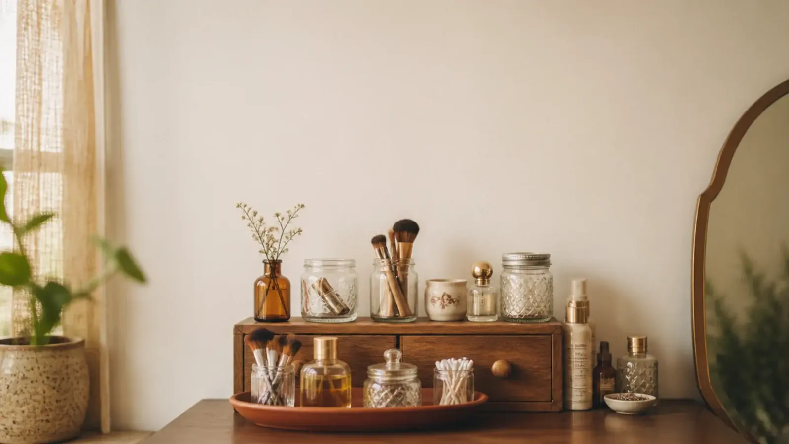 vertical guide to vanity organization on a budget using thrifted containers
