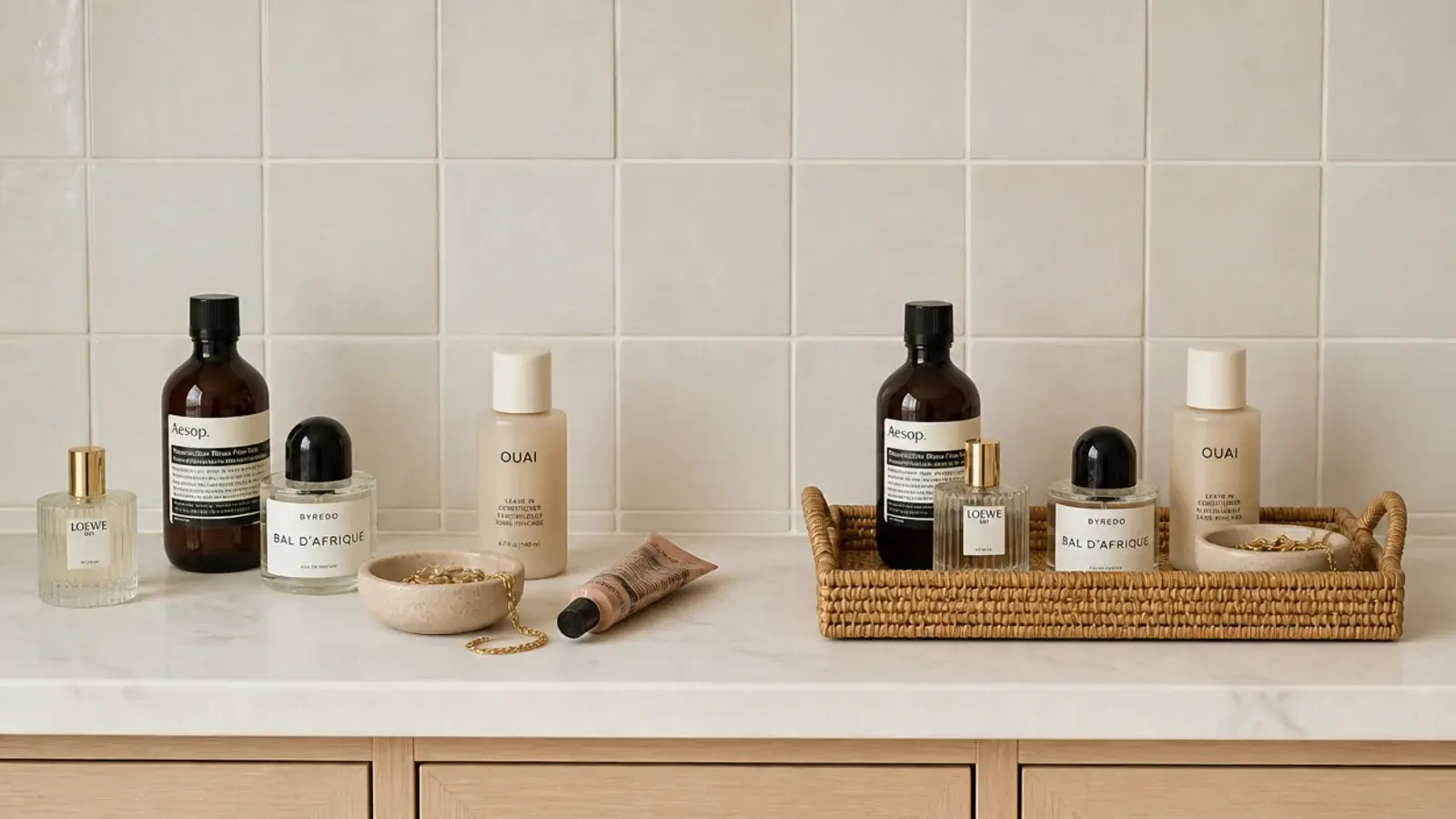 loose vanity products regrouped onto one tray on a counter