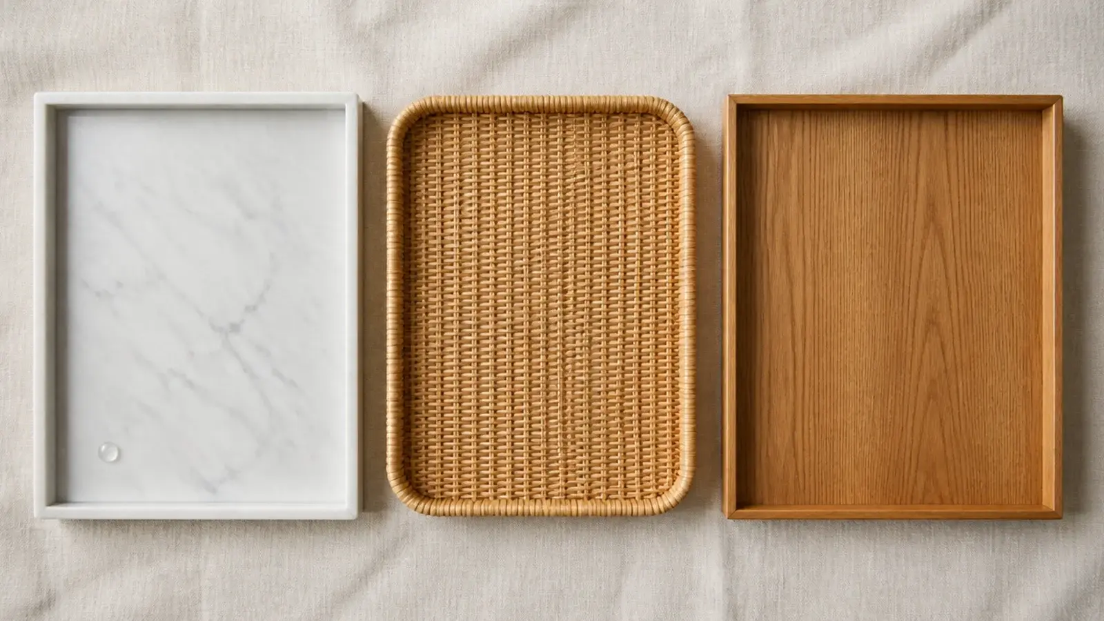 stone rattan and wooden trays compared for a vanity counter
