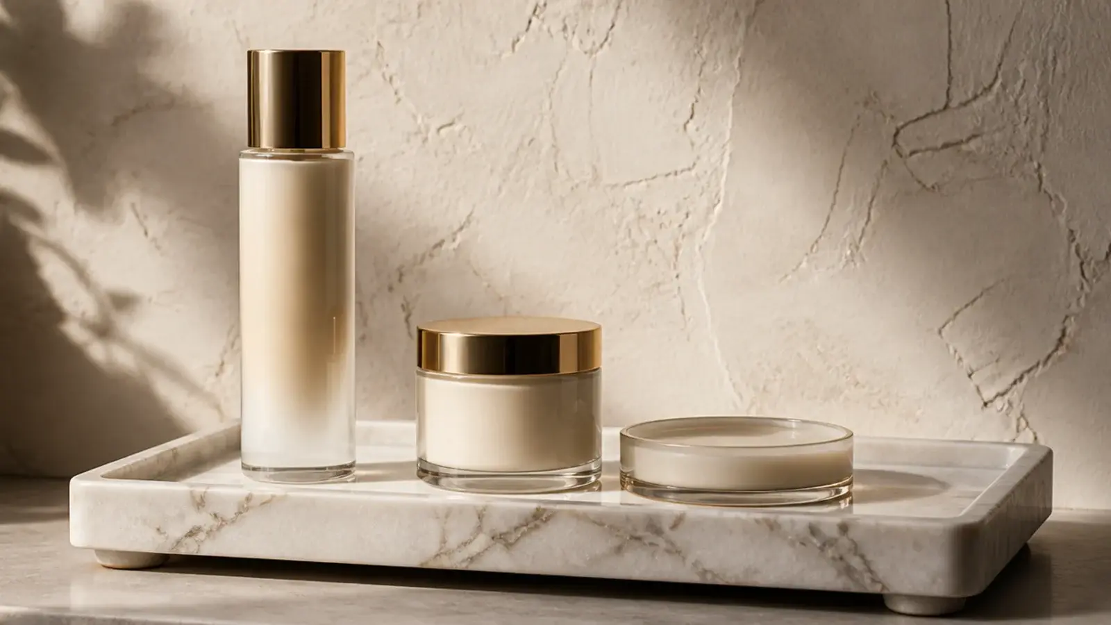 tall mid and low objects grouped on a styled vanity tray