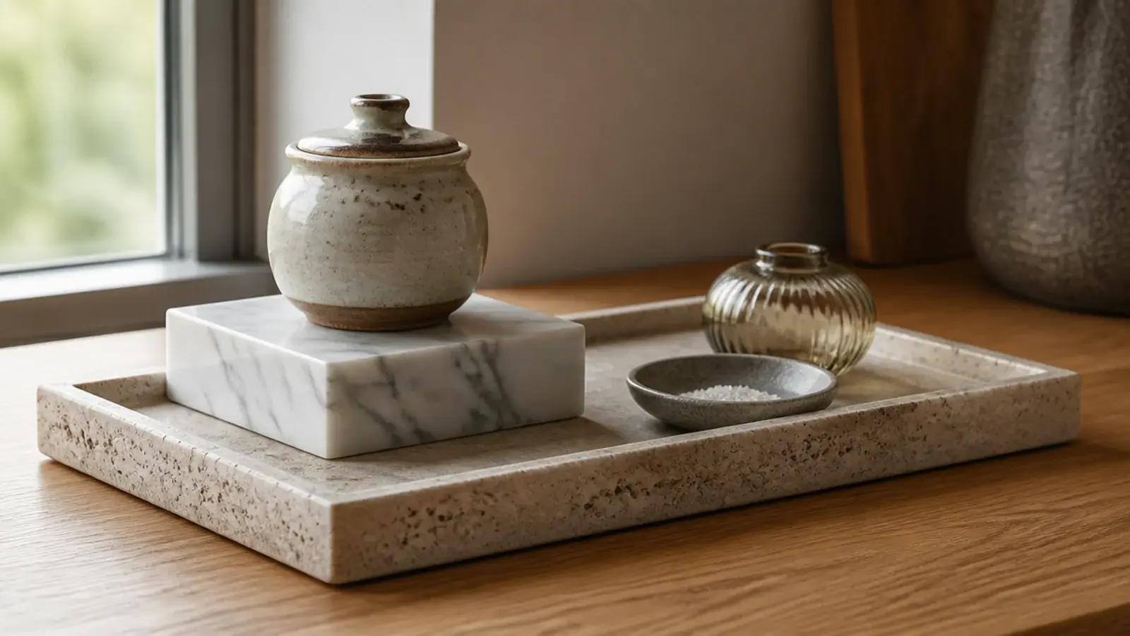 small jar raised on a marble riser within a vanity tray