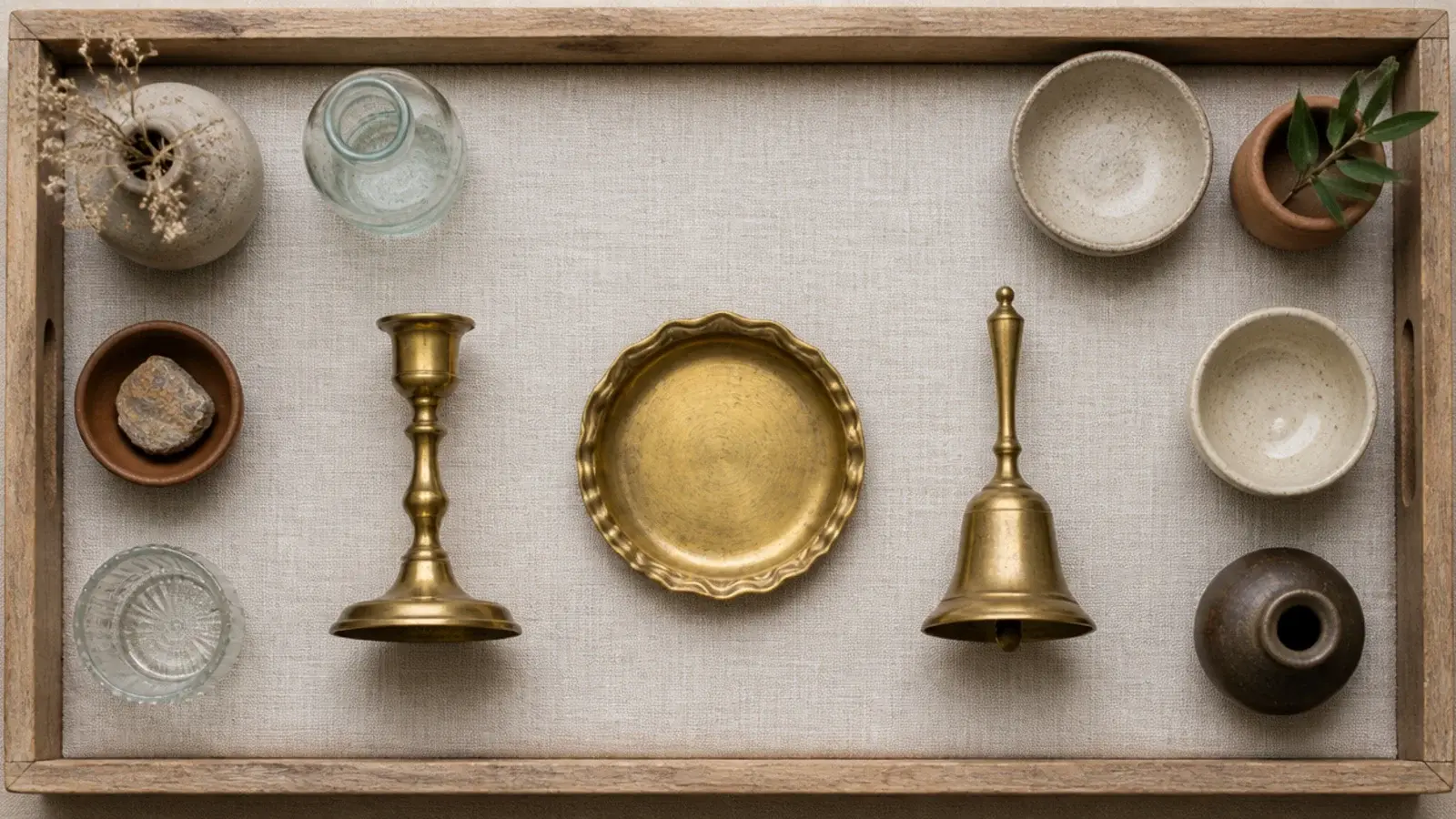 three brass objects repeated across a styled vanity tray