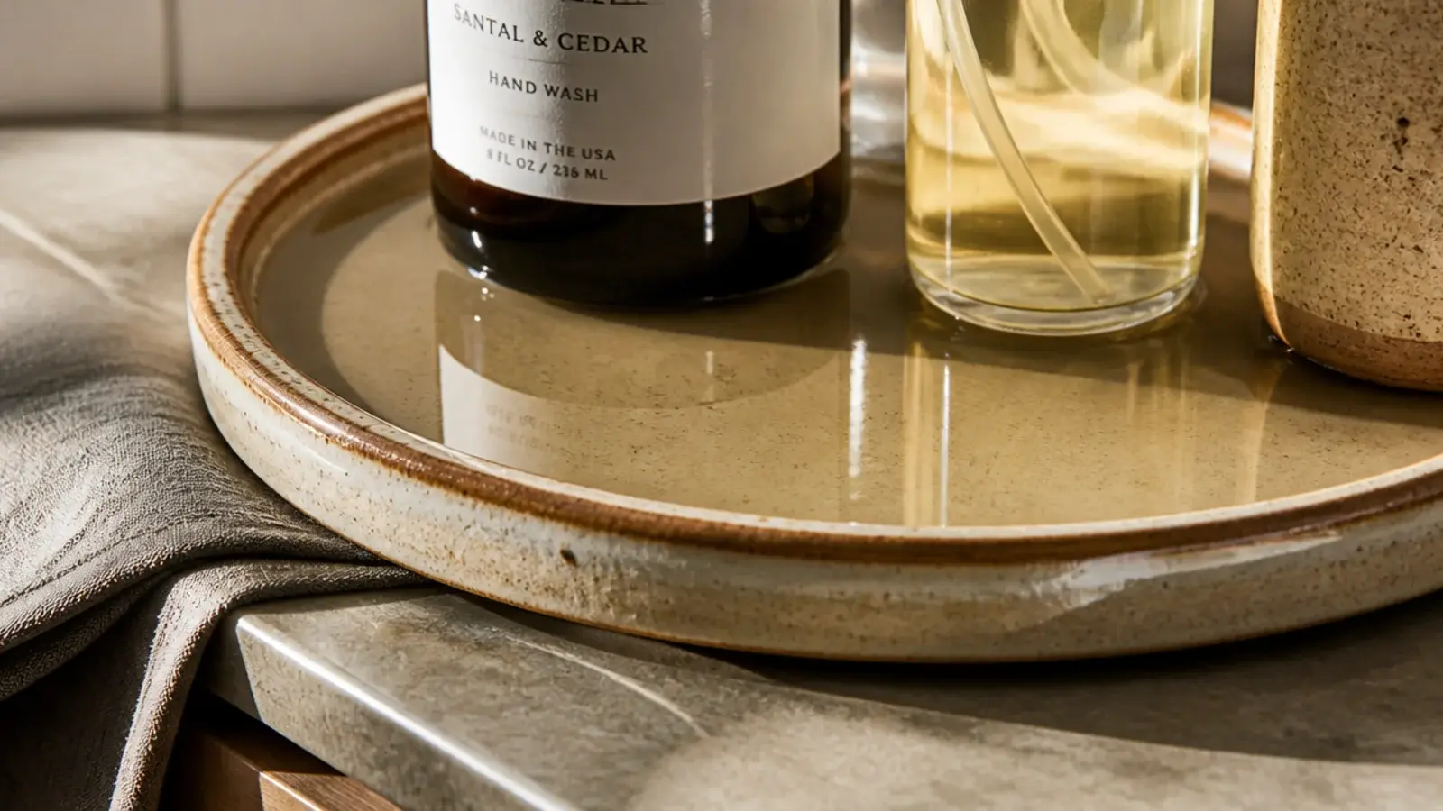 tray with a raised lip containing a small spill on a vanity
