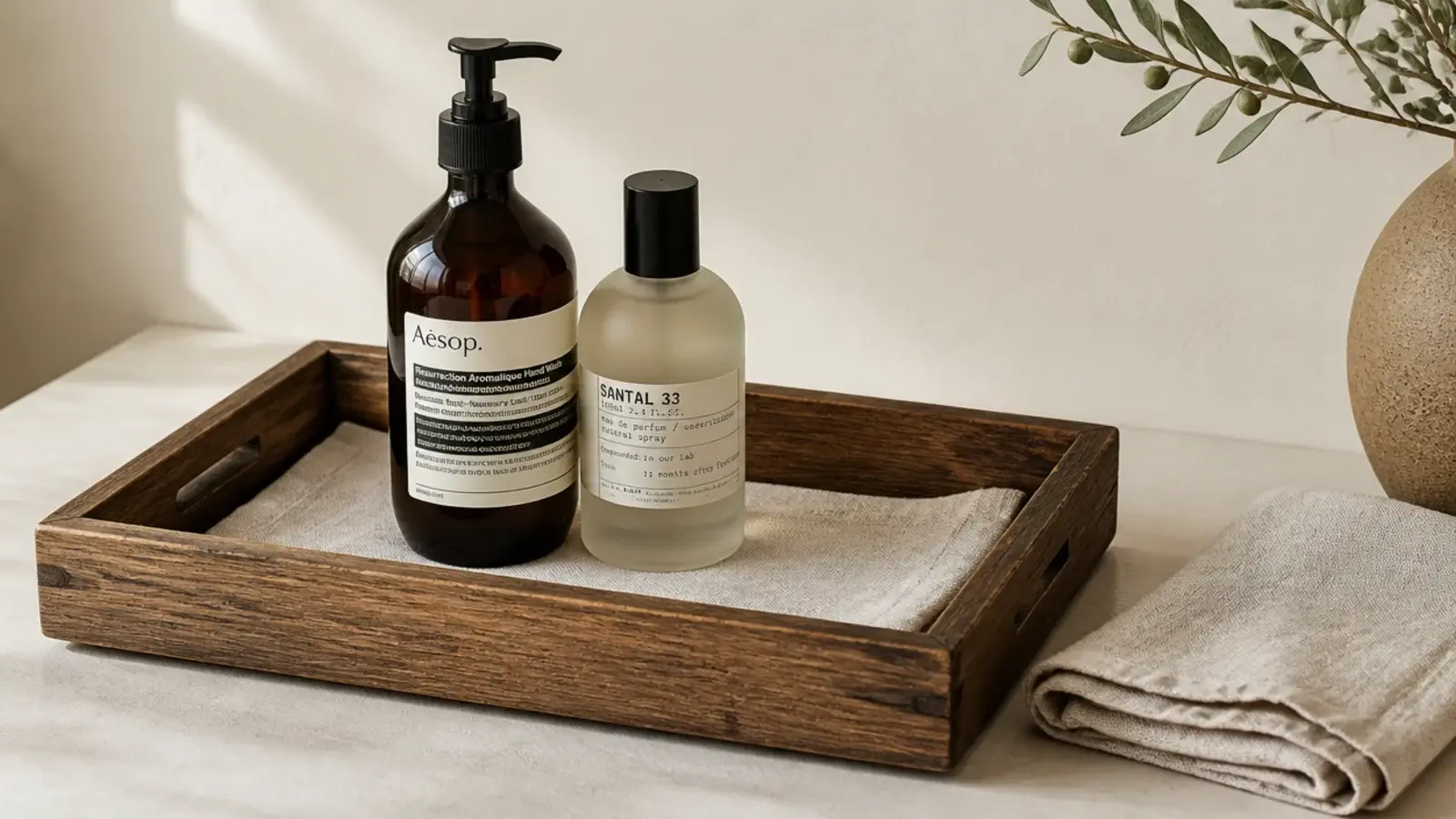 folded linen cloth lining the base of a vanity tray