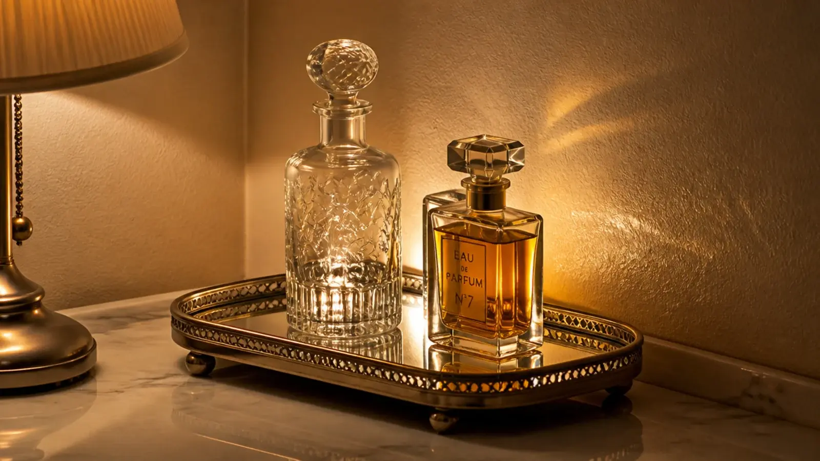 mirrored tray reflecting warm light on a dim vanity counter