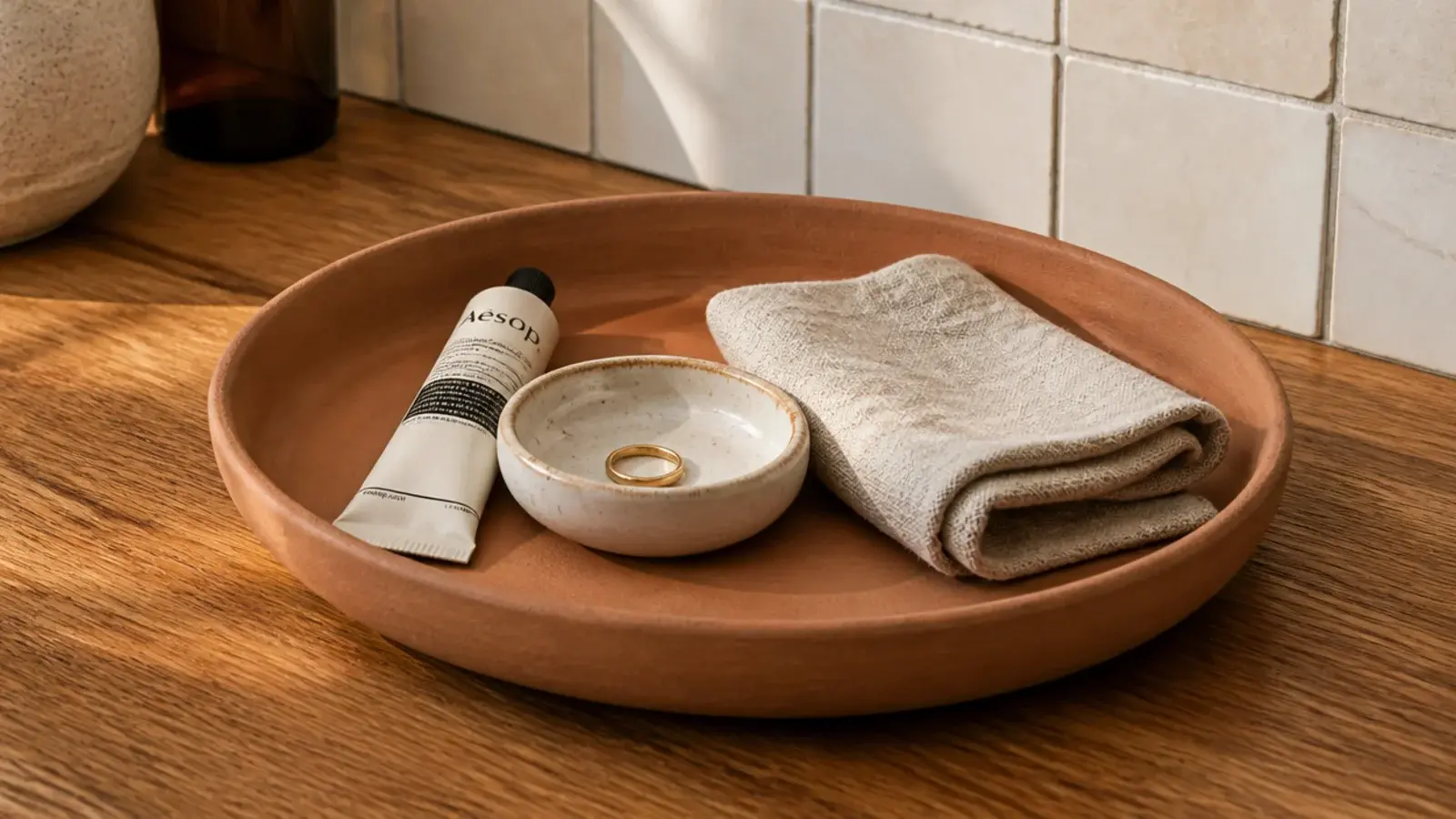 terracotta plant saucer styled as a budget vanity tray