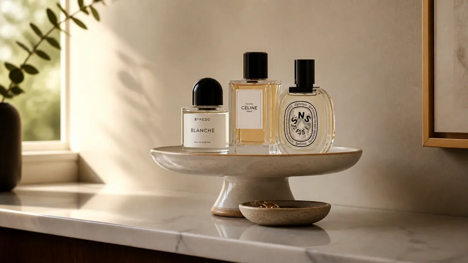 small cake stand holding perfume bottles above a vanity counter