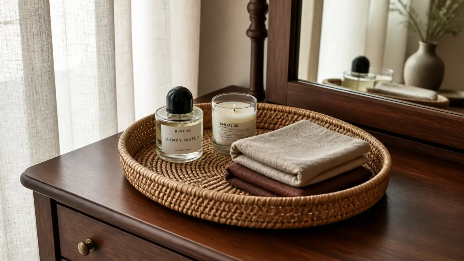 woven rattan tray styled on a bedroom vanity with perfume