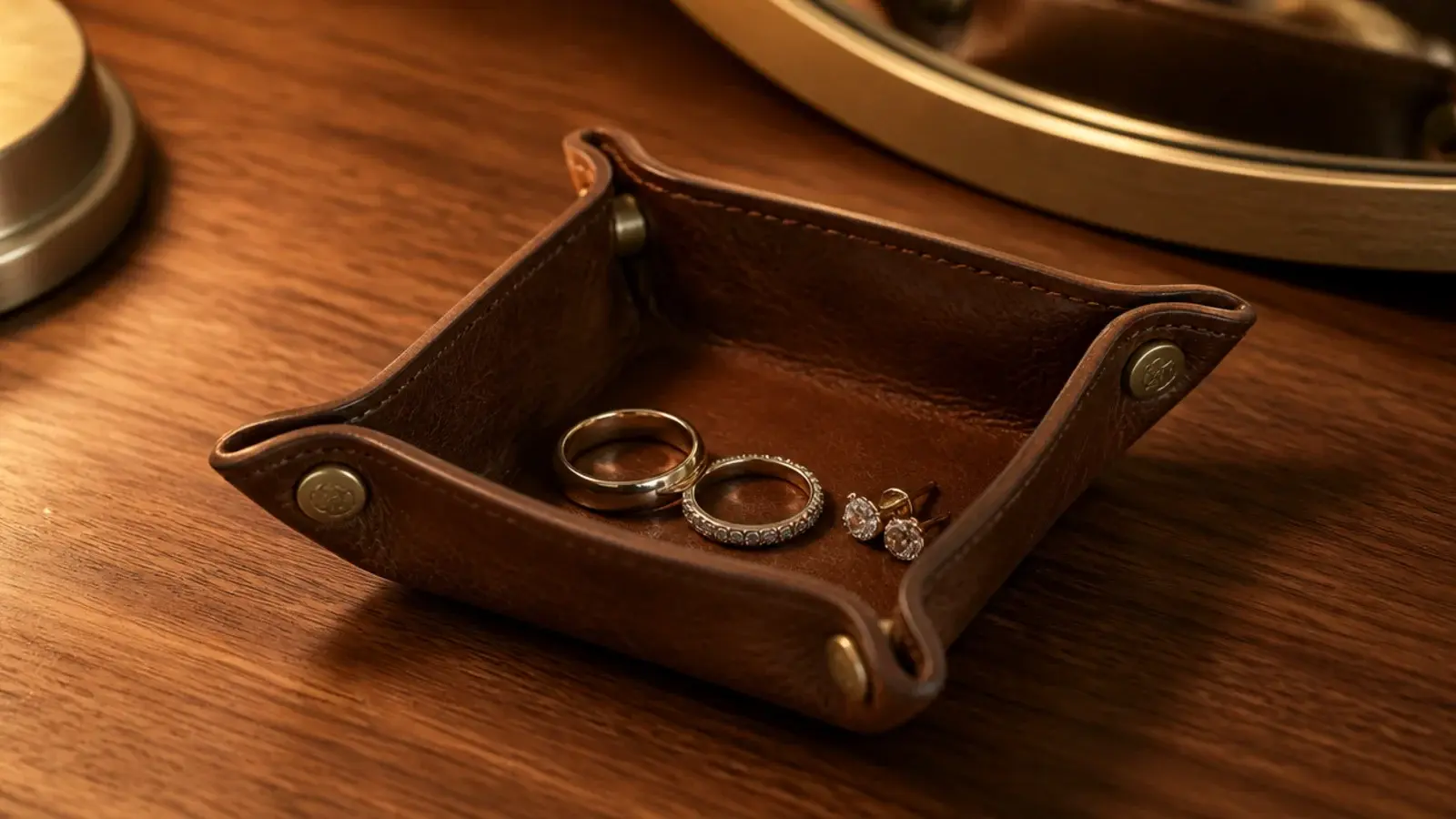small leather valet tray holding rings beside a vanity mirror