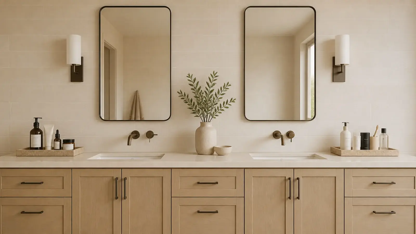 two matching trays dividing a shared vanity counter between people