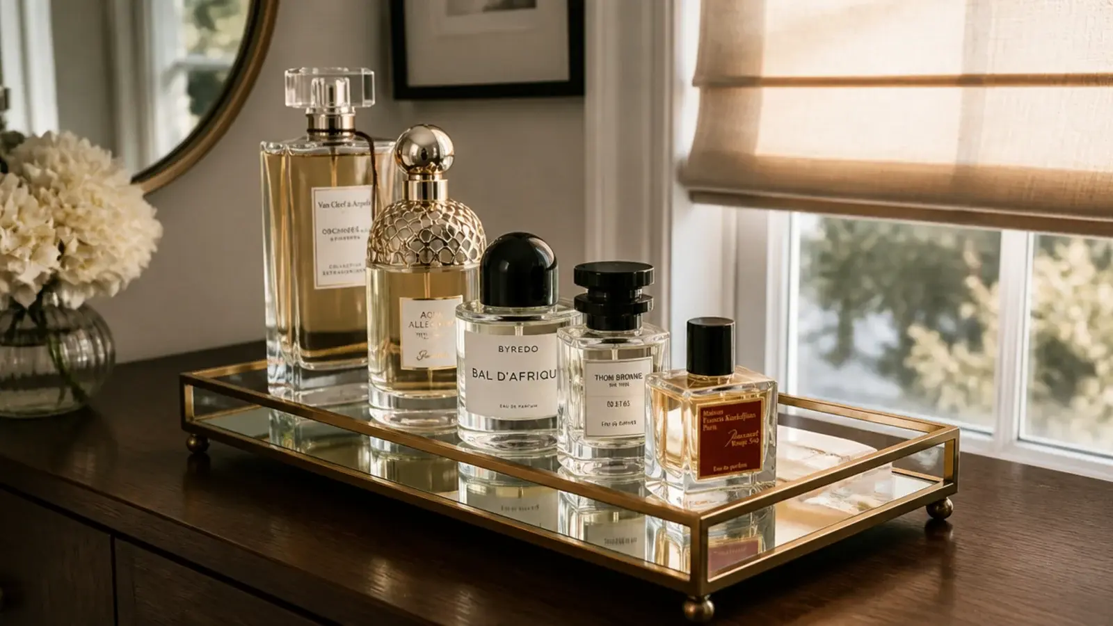 perfume bottles grouped by height on a small vanity tray