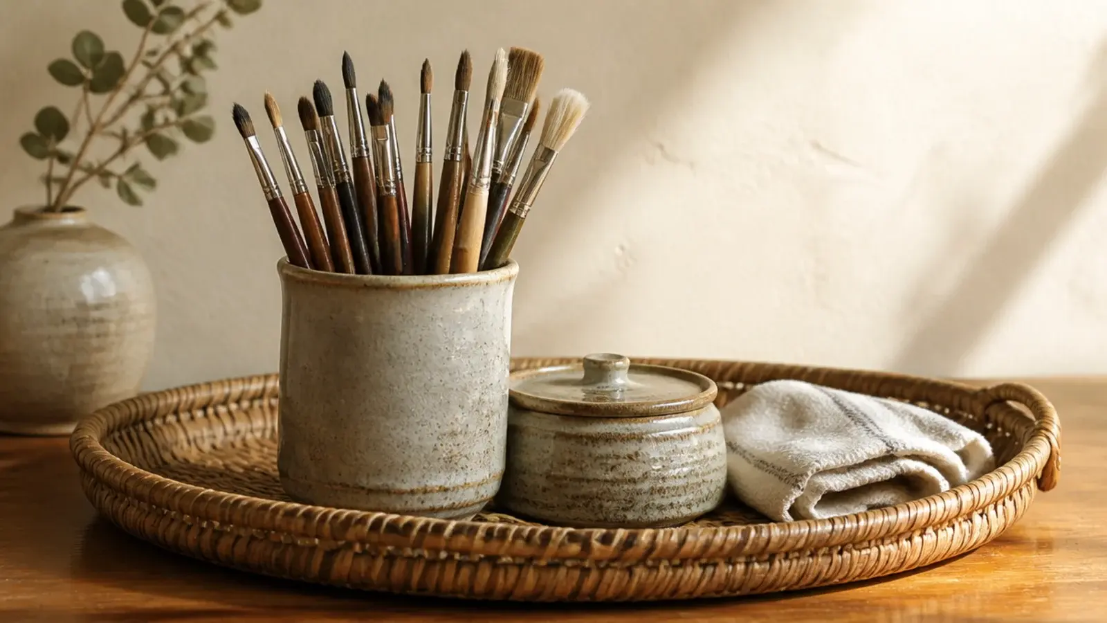weighted stoneware brush cup standing on a styled vanity tray