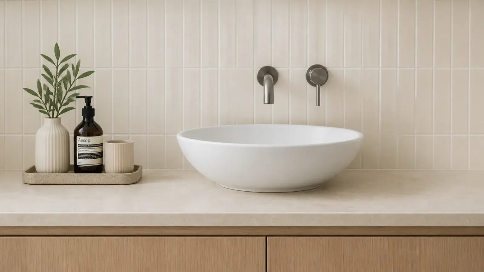 vanity tray positioned away from the faucet splash area