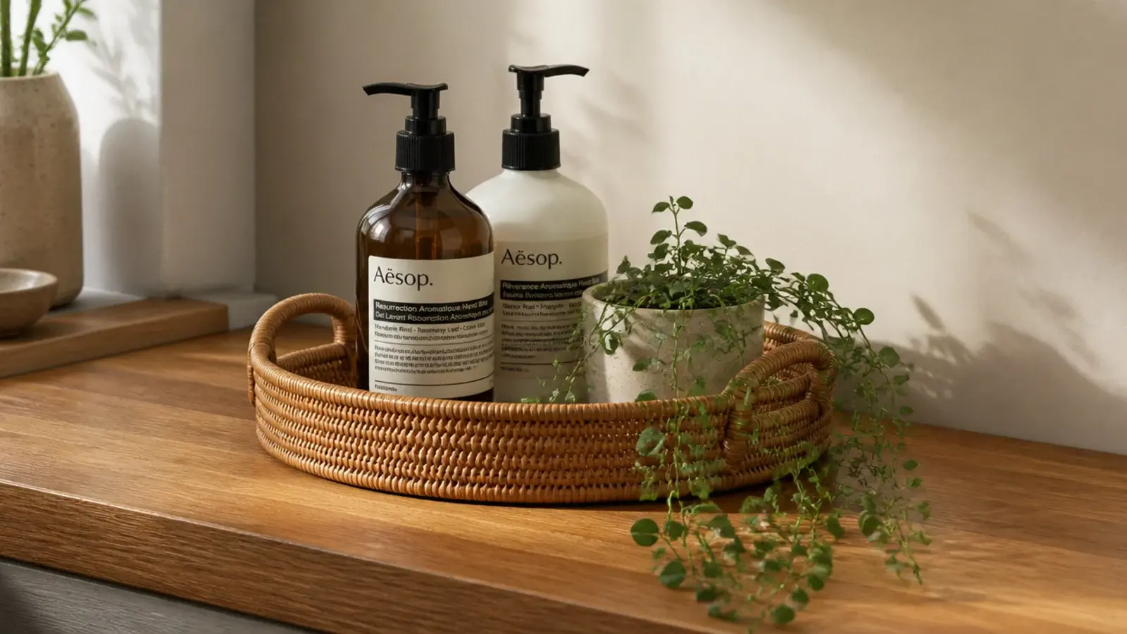 small trailing plant sharing a styled tray with vanity bottles