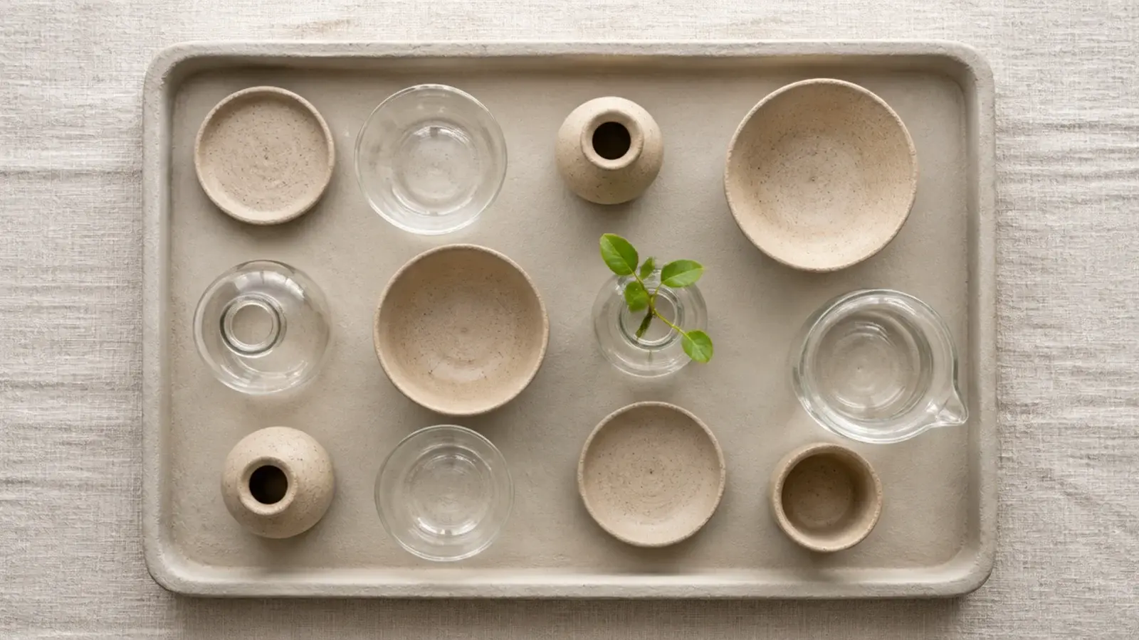 clay and glass objects with one plant on a styled vanity tray
