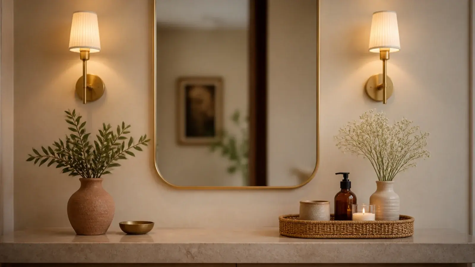 styled vanity tray lit warmly by sconces on both sides