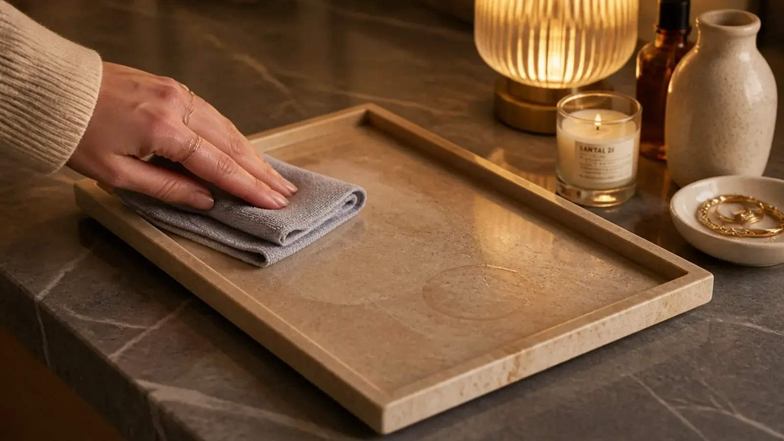 cloth wiping a vanity tray clean beneath its styled objects
